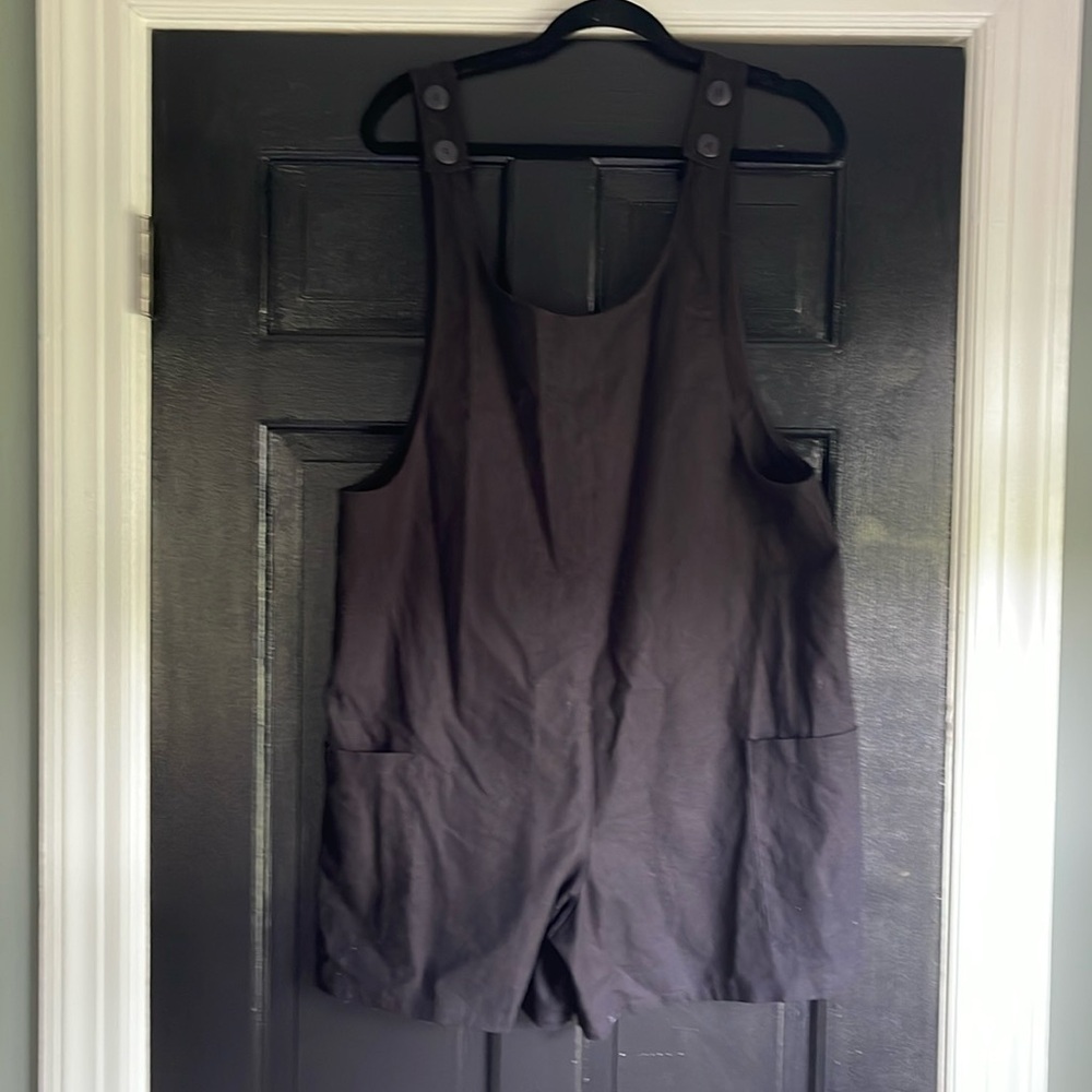 Black linen romper from Anthropologie